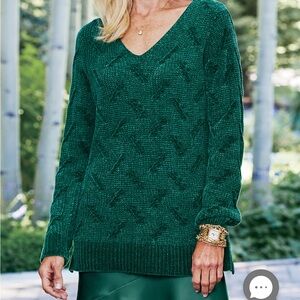 Soft Surroundings chenille jewel green sweater women’s small ribbon hemmed cuffs